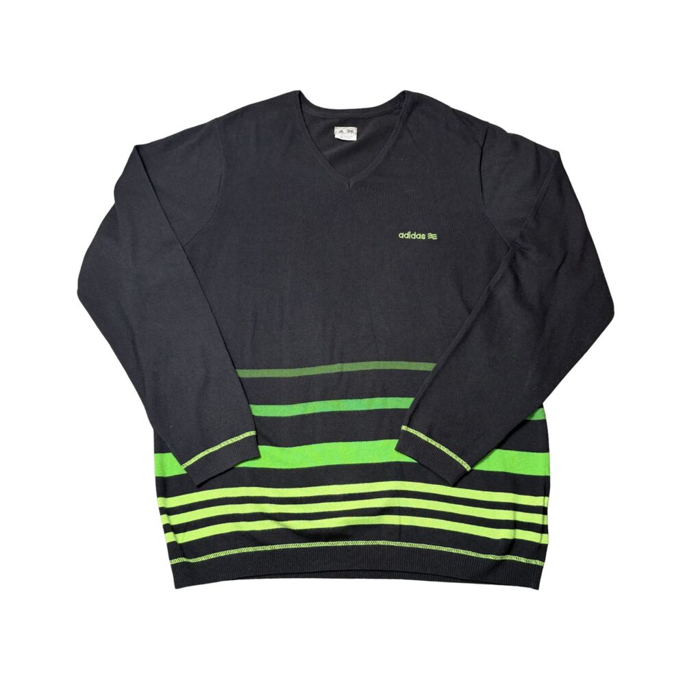 Adidas Men's Black and Green Striped V Neck Knit Sweater Size XL